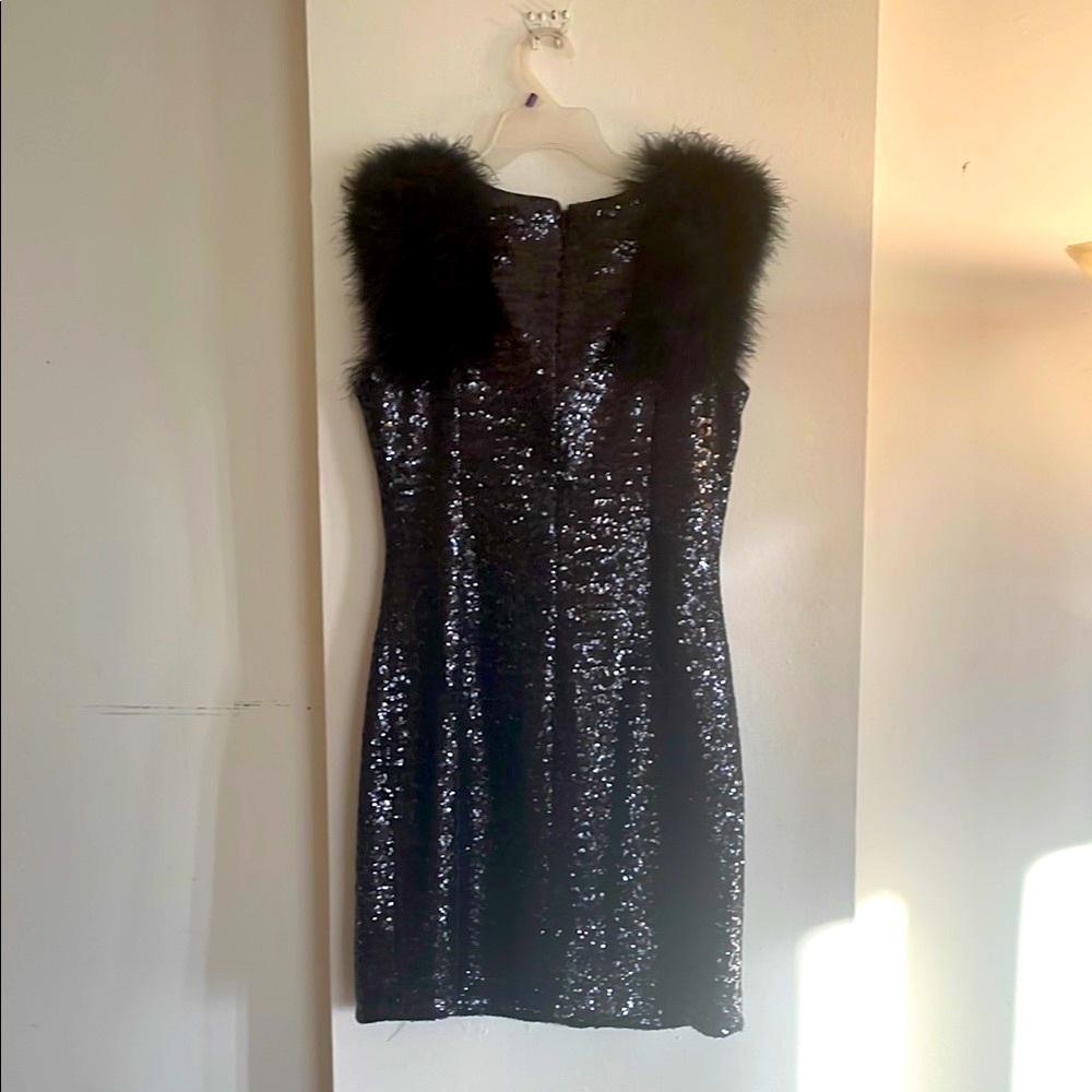 Tyler Boe Black Sequence Cocktail Dress with Fur embellishments. - Picture 2 of 6